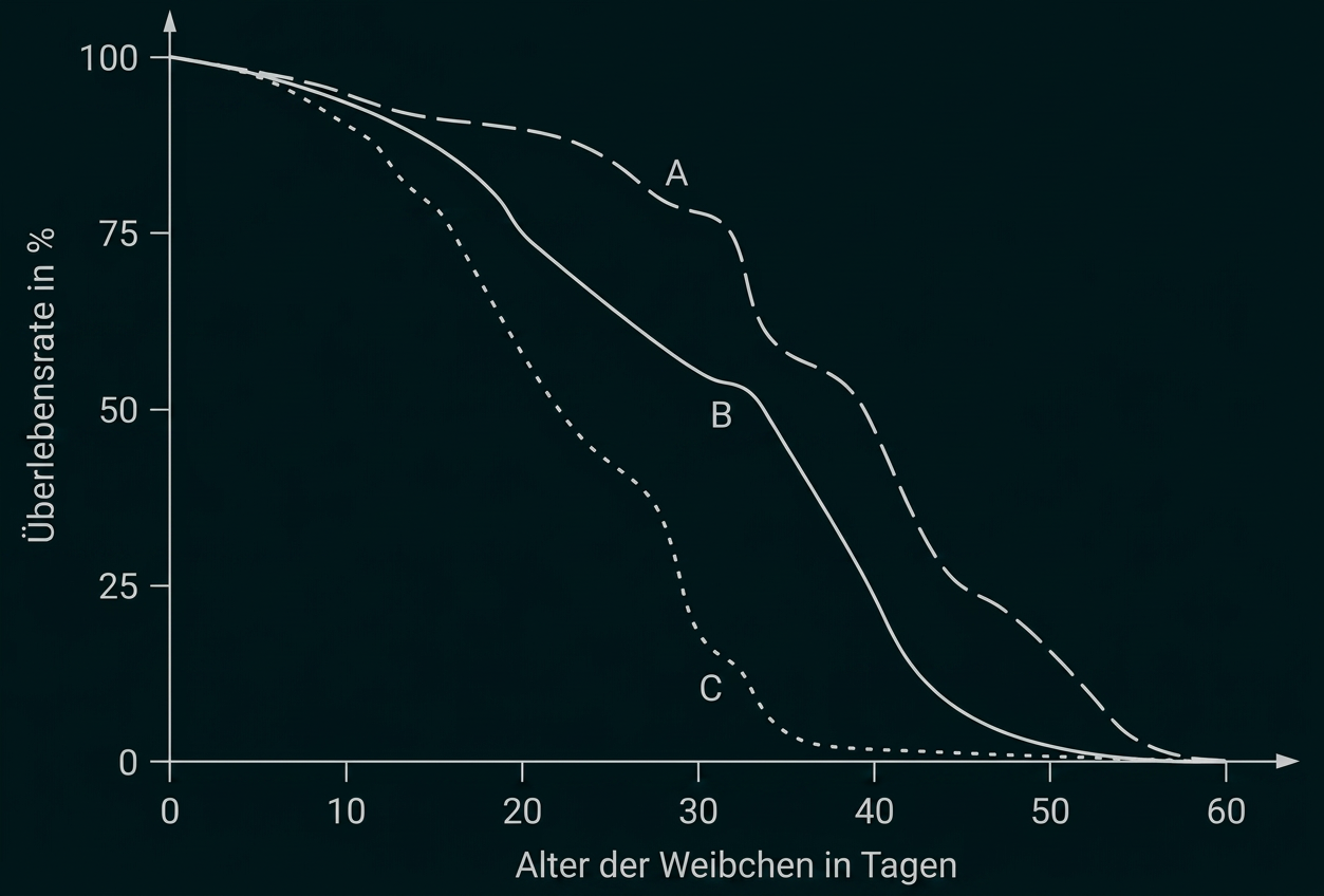 Diagramm mit Überlebensraten dreier Weibchengruppen (A, B, C) in Abhängigkeit vom Alter.